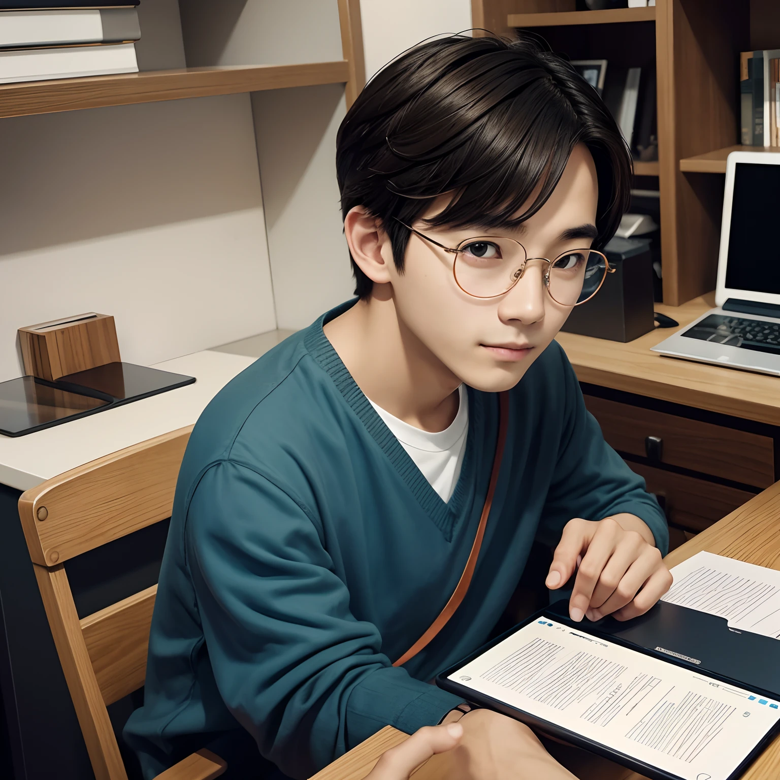 Young man with a cute face wearing round glasses、i-pad on desk, Looking at the camera、