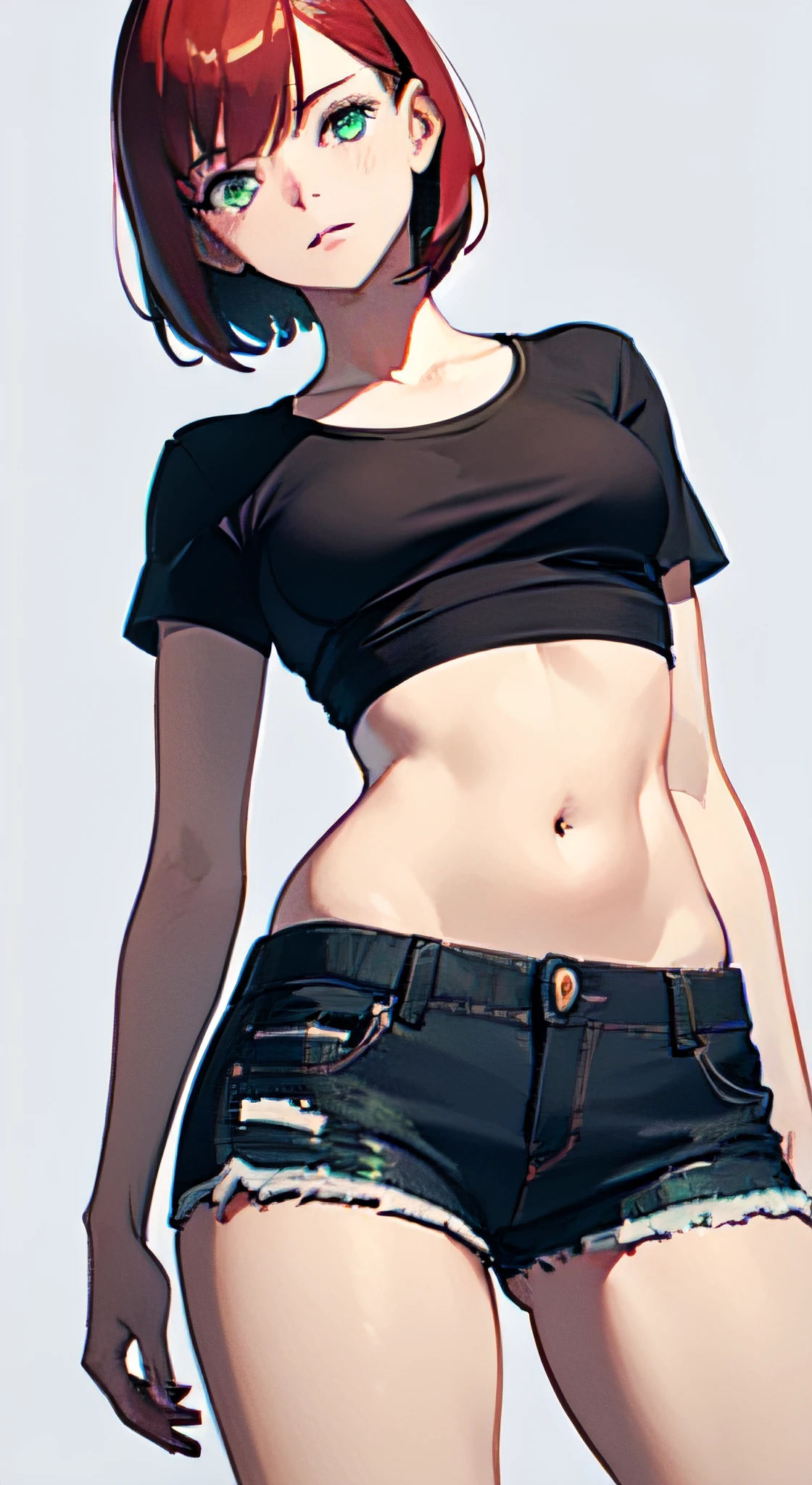 a 1girl, Green eyes, Skinny, short, Black T-shirt, blue shorts, redhead hair, Short Hair Hair, Beautiful figure, beatiful face, 18 years, Correct anatomy, pretty eyes, in full height.