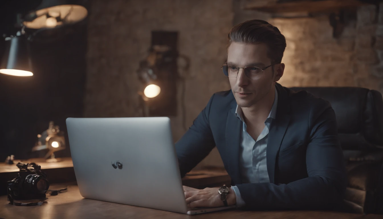 There is a man sitting at a desk with a laptop and a computer, Streamer de Twitch / Jogador Ludwig, Arte conceitual como Ernest Khalimov, Anton Fadeev 8 K, Estilo e-sport, realistic artistic style, rossdraws global illumination, WLOP e Andrei Riabovitchev, Ryan Glitter Artista conceitual, Jody Highroller, Estilo de arte G Liulian, penteado raspado