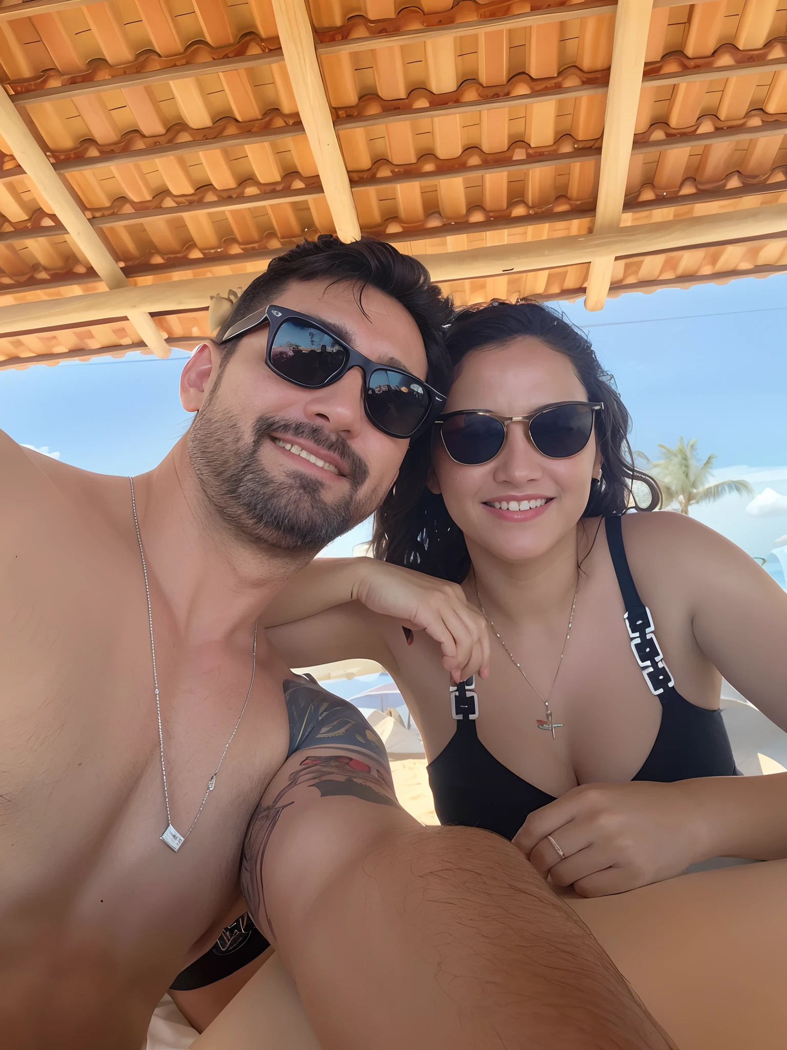 Selfie of couple sitting under a covered area on the beach, Wearing sunglasses, ele