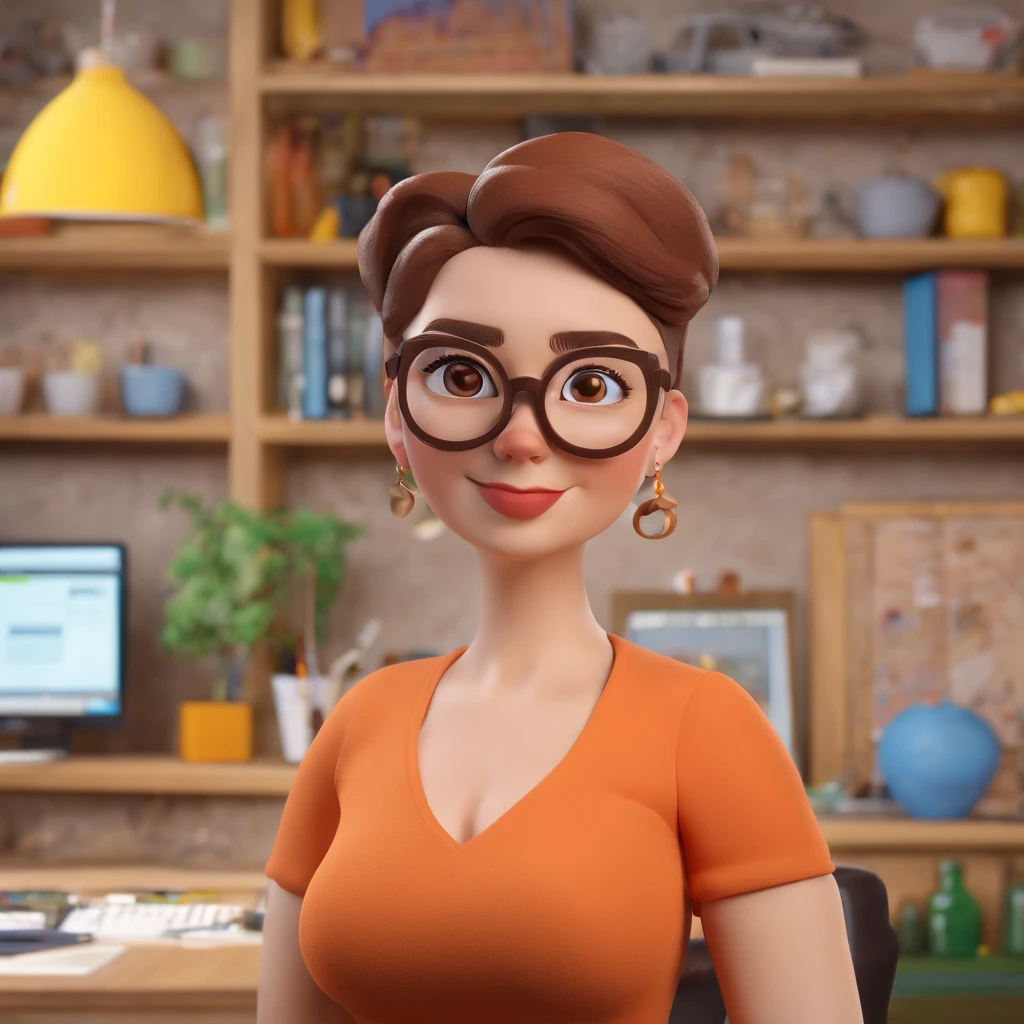 Capa de filme estilo Disney, uma mulher com olhos castanhos, White skin and short brown hair wearing glasses, Chubby 35 years old woman working modeling cold porcelain in an art studio in the background