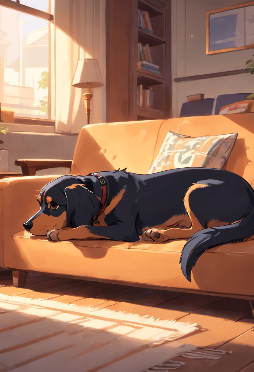 Elderly black and caramel daschound dog lying on sofa Pixar style
