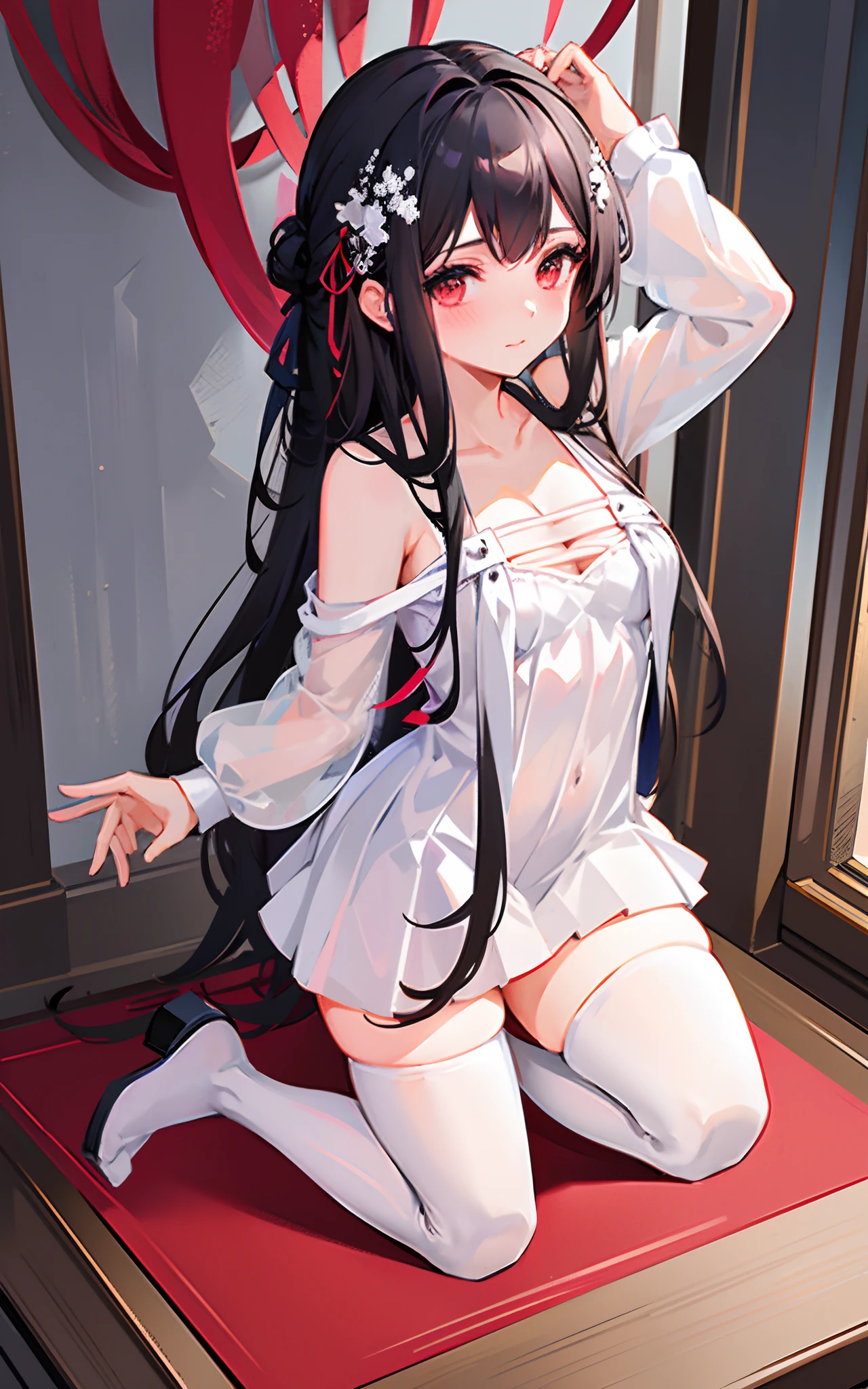 masterpiece,1girl,solo,black hair,white dress,cleavage, white thighhighs,(kneeling:1.3),(bound arms, ),bondage,shibari,rope,bound, blush,light smile, arm up, closed mouth, torn clothes,