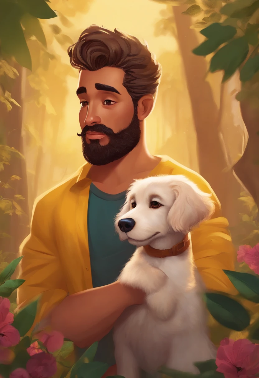 Personagem de desenho animado com barba cabelo degrade e um cachorro amarelo com pelo curto grande e com pelo curto