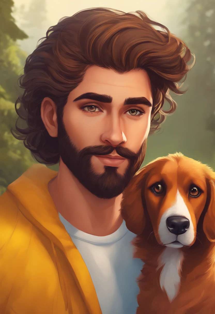 Personagem de desenho animado com barba cabelo degrade e um cachorro amarelo com pelo curto grande e com pelo curto