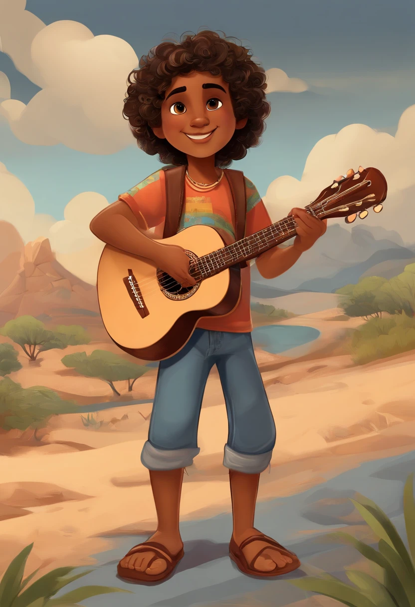 crie um banner no estilo Pixar. A boy with Indian features, moreno pardo com cabelos curtos, Castanhos escuros, Curly and slightly grayish appearance, mas jovem, usando uma camiseta, Wearing jeans and holding a classical guitar with 7 strings.