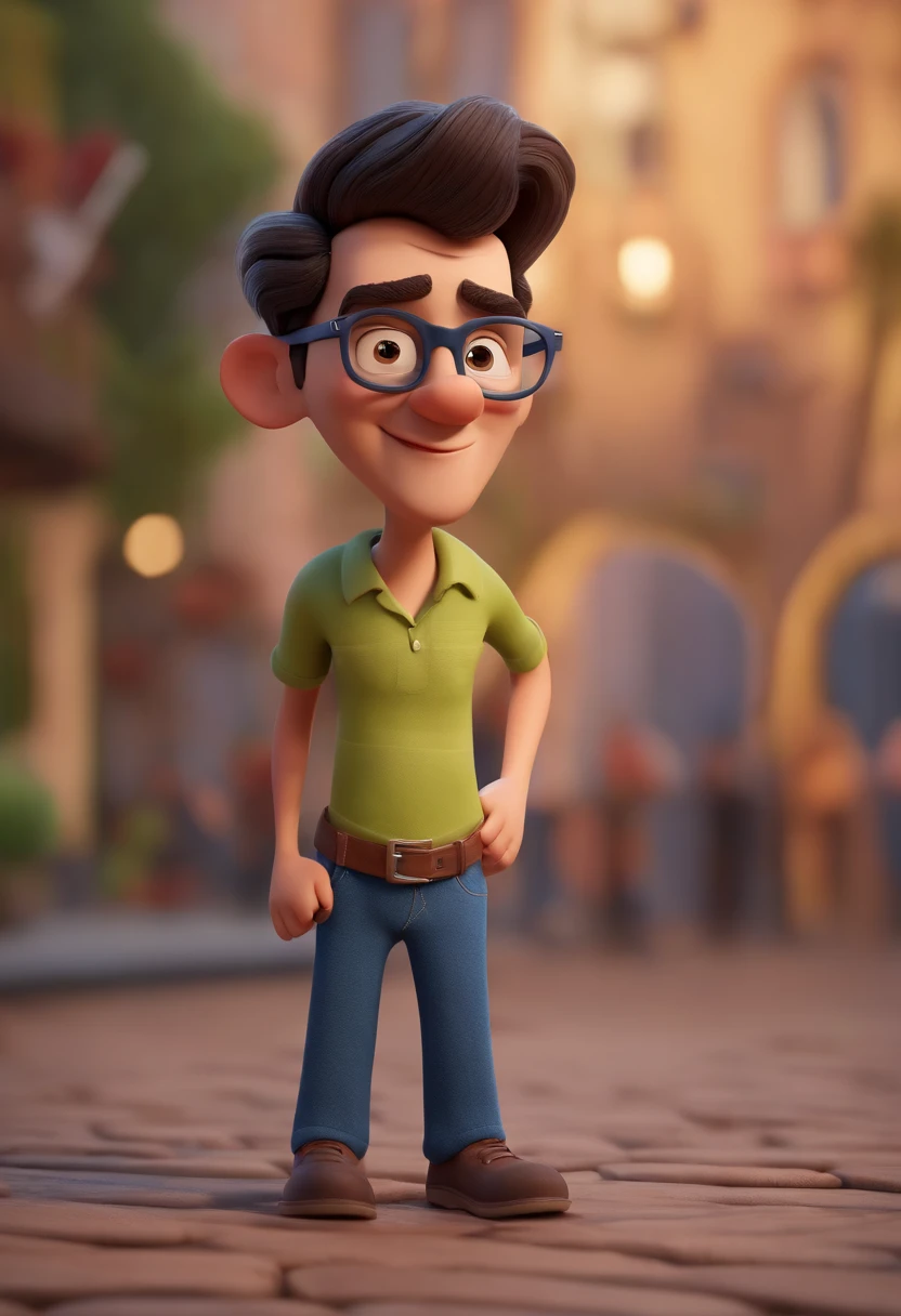 Cartoon character of a man wearing black glasses and a blue shirt, um personagem animado, Caractere estilizado, animation style rendering, 3D estilizado, Arnold Maya render, 3 d render stylized, toon render keyshot, Personagem 3D, Personagem 3D, 3d rendering stylized, 3 d character render, personagem de desenho animado, Personagem de close up, Pose de personagem, (Estilo Pixar) (master part:1.2) (Bokeh) (best quality) (pele detalhada) (textura detalhada) (8k) (argila) (Cinematic lighting) (foco nítido,Senta e vaza a parte superior do corpo