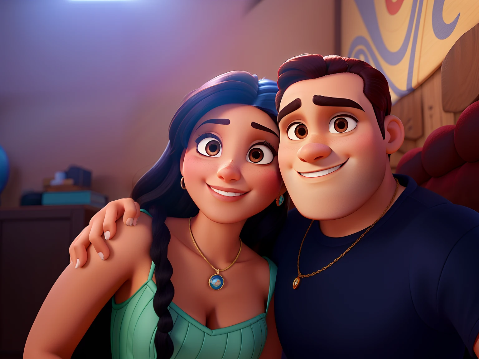 A couple in Disney pixar style, high qualiy, best qualityer, beard man, mulher morena linda, beito grande