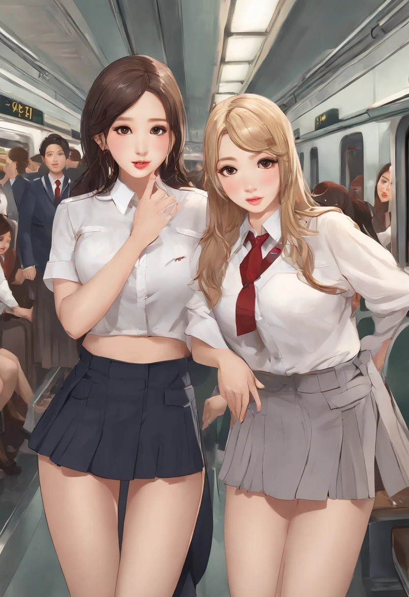NSFW, realistic, masterpiece, 4 Korean women , Korean female only, ABSOLUTELY NO MALE, absolutely no men, VERY crowded female only subway train interior detailed scenario, VERY crowded Korean female only subway train interior detailed background, standing insanely hot (woman 1) using sexy ((school uniform)), (((lifted skirt)), (thick thighs), (fear expression), blushed face, (woman 2) sexy young, blond hair, confused look, mature woman ass groping woman 1 from behind, woman 2 touches woman 1 , young woman 2 caressing woman 1 legs, wet kiss, lesbian kiss, (((mature woman pressing her chest on woman 1 back))) and (((holding her waist behind her)))