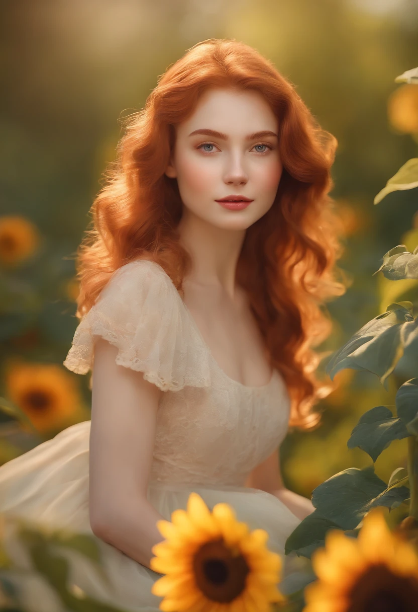 (best quality,4k,highres,masterpiece:1.2),ultra-detailed,realistic,bright colors,soft lighting,lively background,painterly style,cute,pensive expression,warm atmosphere,sunlit garden,ginger hair,freckles,joyful demeanor,sparkling eyes,delicate features,two tiny dimples on cheeks,airy dress,holding her rosy cheeks,happy and content,lovely composition,playful curls,blooming flowers in the foreground,crimson sunflowers in the background,magical setting,whimsical elements,ethereal glow,pure innocence,harmonious color palette,graceful posture