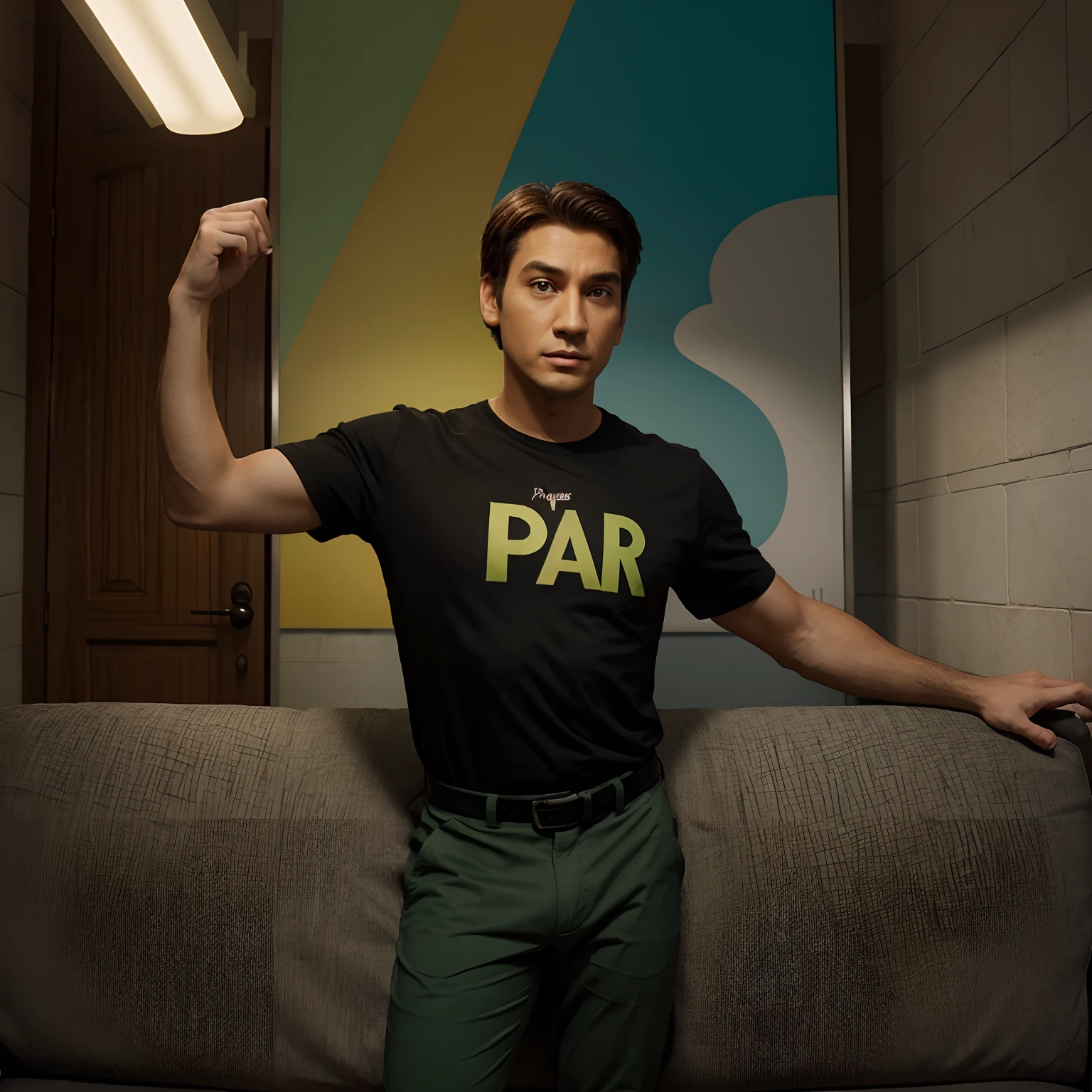 Poster pixar Disney. Homem ,????? ,camisa verde , grey pants .