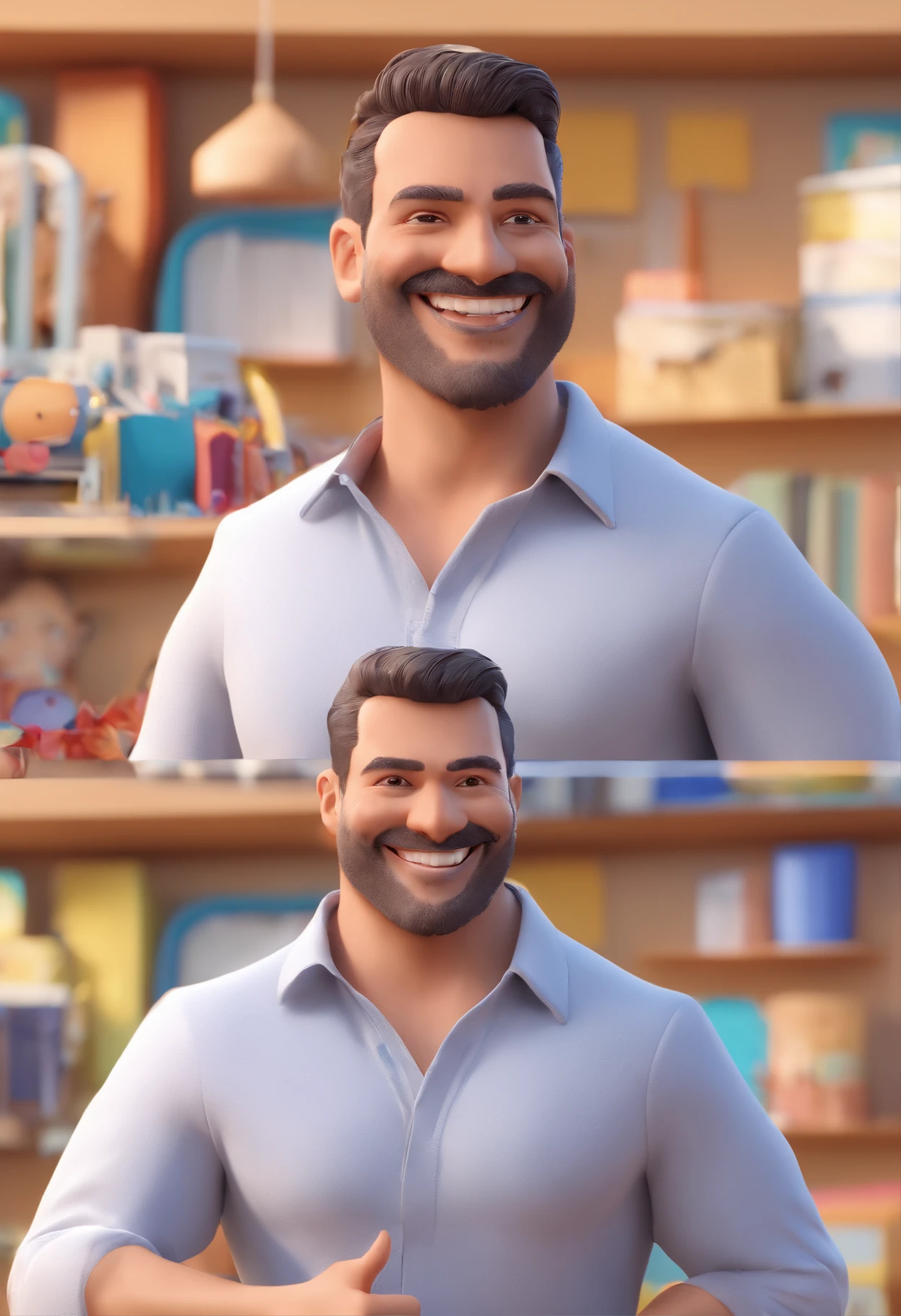Smiling Man Illustration, sorriso insano, Homem de pele marrom com um sorriso gigante, happily smiling at the camera, sorriso atrevido, he's smiling, sorriso muito grande, Macho sorridente, foto de perfil headshot, rindo sorriso enorme, desenhando no estilo de Arte 3D, c4d, fundo de cor branco puro, estilo disney, estilo pixar render ilustracao Super Detalhe, 8k