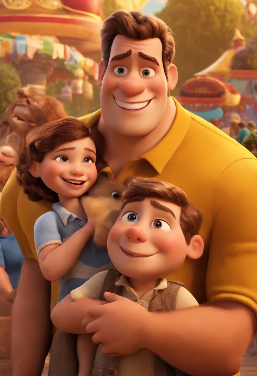 a Disney Pixar movie poster showing a white-skinned family. The father is the tallest, Tem barba curta, careca e musculoso. Mom has brown eyes and hair with blonde highlights, grande, Two 5-year-old twin boys. Um tem olhos castanhos, camiseta vermelha, cabelo liso castanho claro. O outro menino tem cabelo liso castanho claro, camiseta amarela, olhos castanhos. The background is an amusement park. 3D-rendering