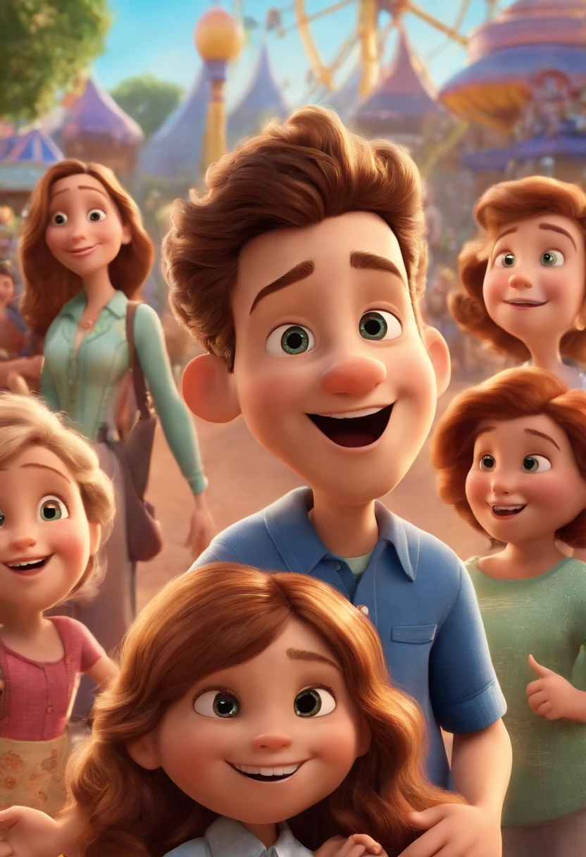 a Disney Pixar movie poster showing a white-skinned family. The father is the tallest, Tem barba curta, careca e musculoso. Mom has brown eyes and hair with blonde highlights, grande, Two 5--old n boys. Um tem olhos castanhos, camiseta vermelha, cabelo liso castanho claro. O outro menino tem cabelo liso castanho claro, camiseta amarela, olhos castanhos. The background is an amusement park. 3D-rendering