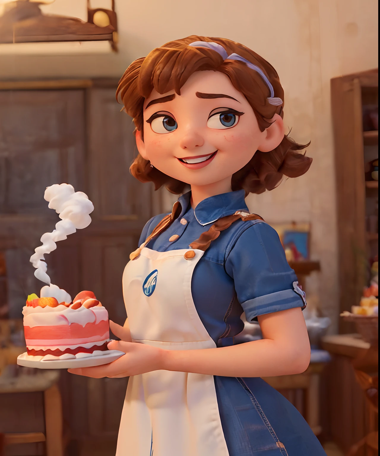 (Pixar-style poster of a cute girl seen from the front in a white chef's uniform, Smiling and showing a decorated medium cake. playful face, (com cabelos castanhos cacheados, pele jovem e delicada, queixo pequeno, queixo curto. expression of laughter, exaggerated expression , （Perfect Correct Hand） ，（Smoke gas: 1.37） Cinematic background of the interior of a confectionery shop, Fotos de alta qualidade, 3D Studio Photos, (lots of smoke: 1.2), fotografia em close-up, Traces clear facial features, arte conceitual do personagem, exagero,