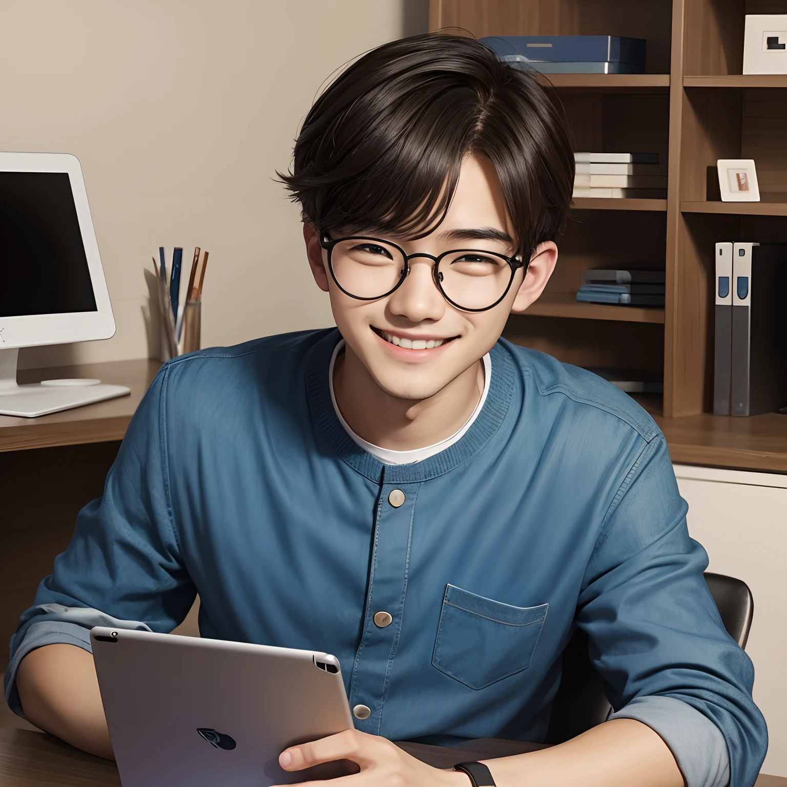 Young man with a cute face wearing round glasses、He is smiling on his i-pad on his desk, You have your computer in front of you.、