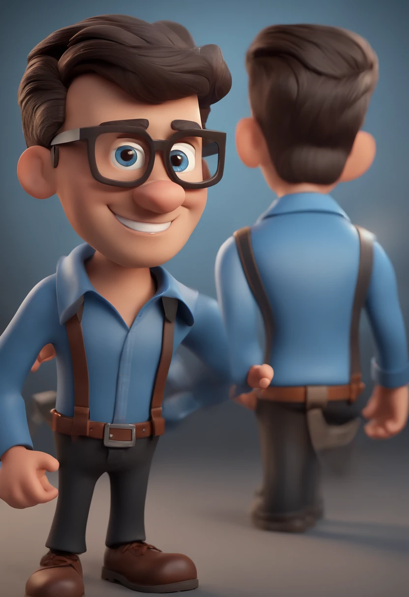Cartoon character of a man with black glasses and a blue shirt, animation character, Caractere estilizado, animation style rendering, 3D estilizado, Arnold Maya render, 3 d render stylized, toon render keyshot, Personagem 3D, Personagem 3D, 3d rendering stylized, 3 d character render, personagem de desenho animado, Personagem de close up, Pose de personagem, (Estilo Pixar) (master part:1.2) (Bokeh) (best quality) (pele detalhada) (textura detalhada) (8k) (argila) (Cinematic lighting) (foco nítido