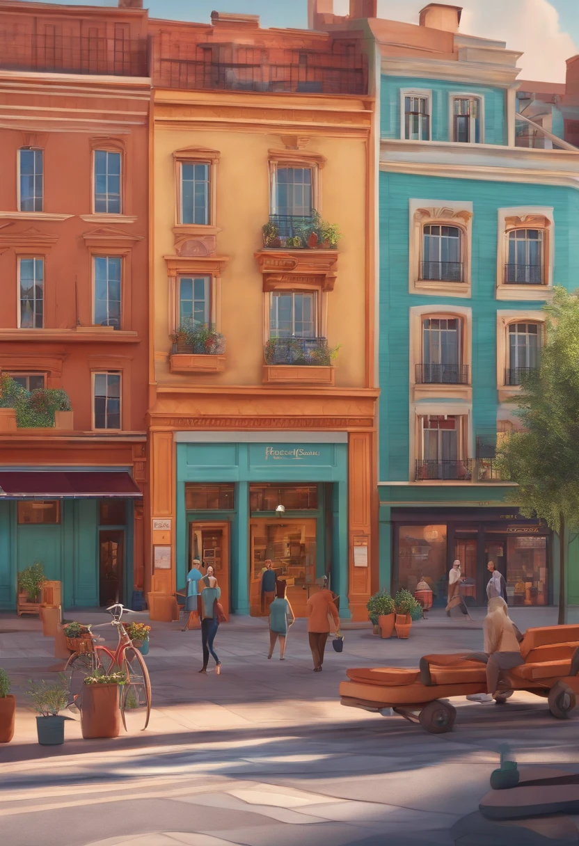 Pixar 3D-style drawing of a slimming clinic in the city center with a character in the foreground