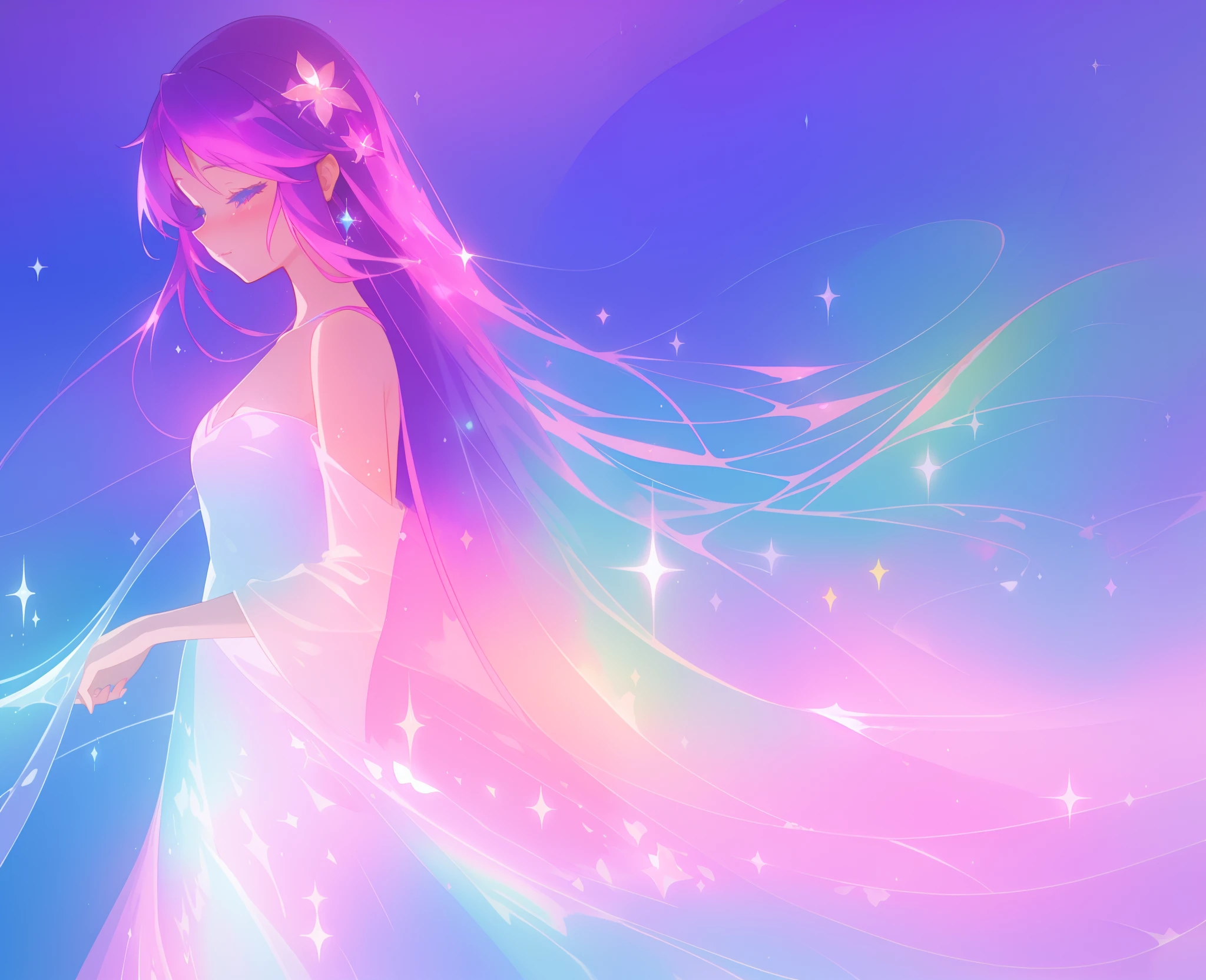 beautiful girl in colorful sparkling flowing ballgown, long flowing purple pink hair, colorful sparkling lights, flowing liquid theme, colorful fantasia background, watercolor illustration, disney art style, glowing aura around her, glowing lights, beautiful digital illustration, fantasia otherworldly landscape plants flowers, beautiful, masterpiece, best quality, anime disney style