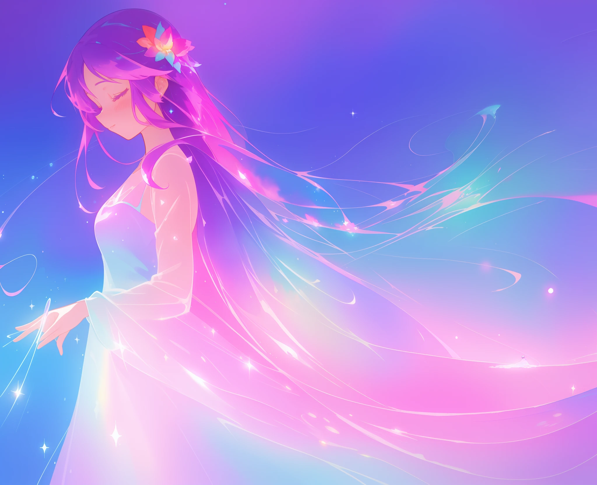 beautiful girl in colorful sparkling flowing ballgown, long flowing purple pink hair, colorful sparkling lights, flowing liquid theme, colorful fantasia background, watercolor illustration, disney art style, glowing aura around her, glowing lights, beautiful digital illustration, fantasia otherworldly landscape plants flowers, beautiful, masterpiece, best quality, anime disney style