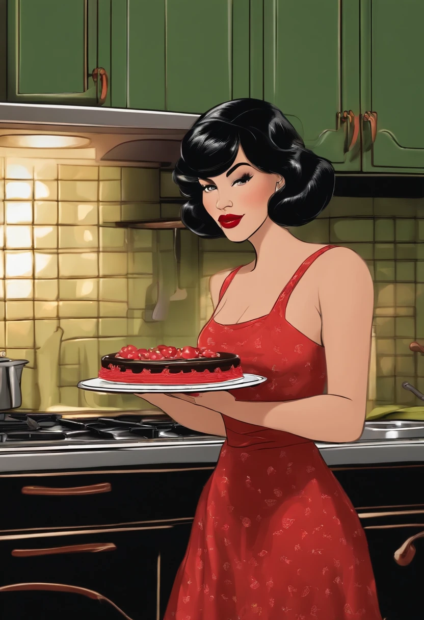 Disney Style Light Woman 30 Years Old Profile Picture Holding Cake Black Hair With Bangs Brown Eyes Red Lipstick Wearing Green Dress Cinematic Background Kitchen With Smoke On Stove Behind