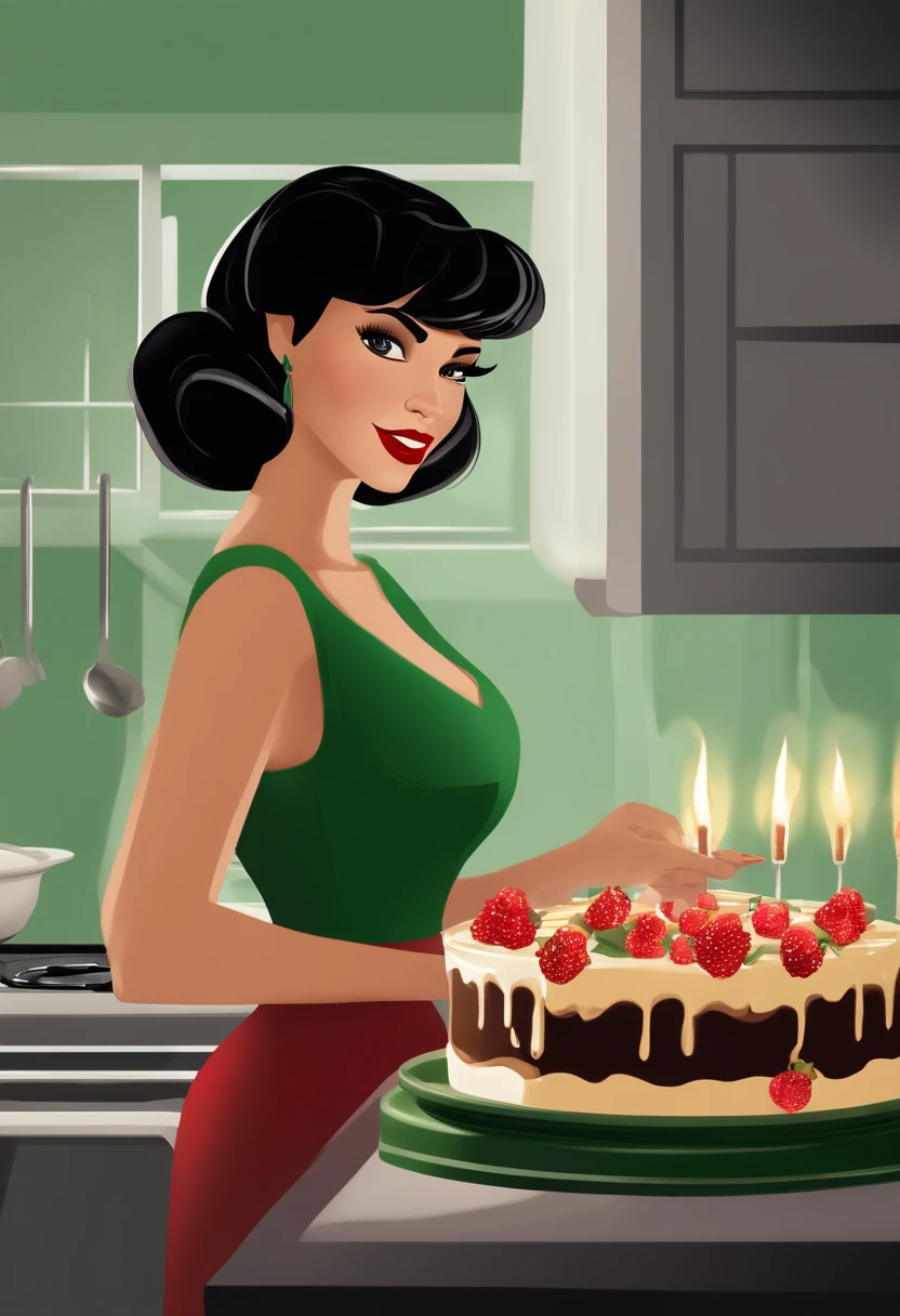 Disney Style Light Woman 30 Years Old Profile Picture Holding Cake Black Hair With Bangs Brown Eyes Red Lipstick Wearing Green Dress Cinematic Background Kitchen With Smoke On Stove Behind