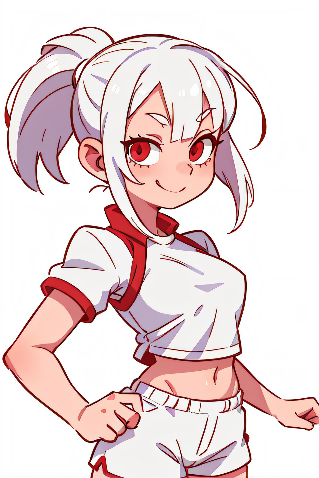 white colored hair, completely red eyes, Two ponytails, Red Top, white shorts, Cheerful face