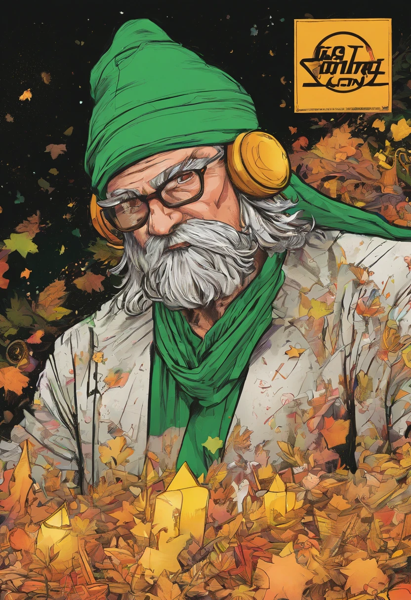 Drawing of a person wearing a santa claus hat and bandana, Detailliertes Gesicht mit Maske, Ausdrucksstarke Linien, Angry eyes, neon green eyes, Falten auf der Stirn, dark green painter's suit, Hood of the suit tightly above the head of the face