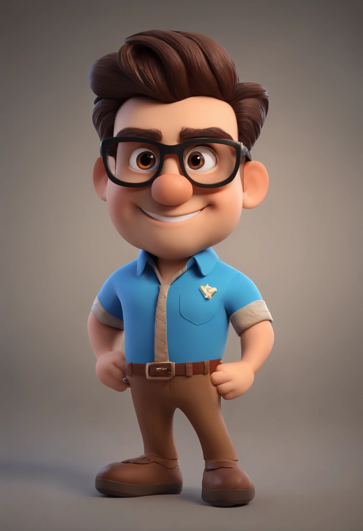 Cartoon character of a man wearing black glasses and a blue shirt, um personagem animado, Caractere estilizado, animation style rendering, 3D estilizado, Arnold Maya render, 3 d render stylized, toon render keyshot, Personagem 3D, Personagem 3D, 3d rendering stylized, 3 d character render, personagem de desenho animado, Personagem de close up, Pose de personagem, (Estilo Pixar) (master part:1.2) (Bokeh) (best quality) (pele detalhada) (textura detalhada) (8k) (argila) (Cinematic lighting) (foco nítido,Senta e vaza a parte superior do corpo