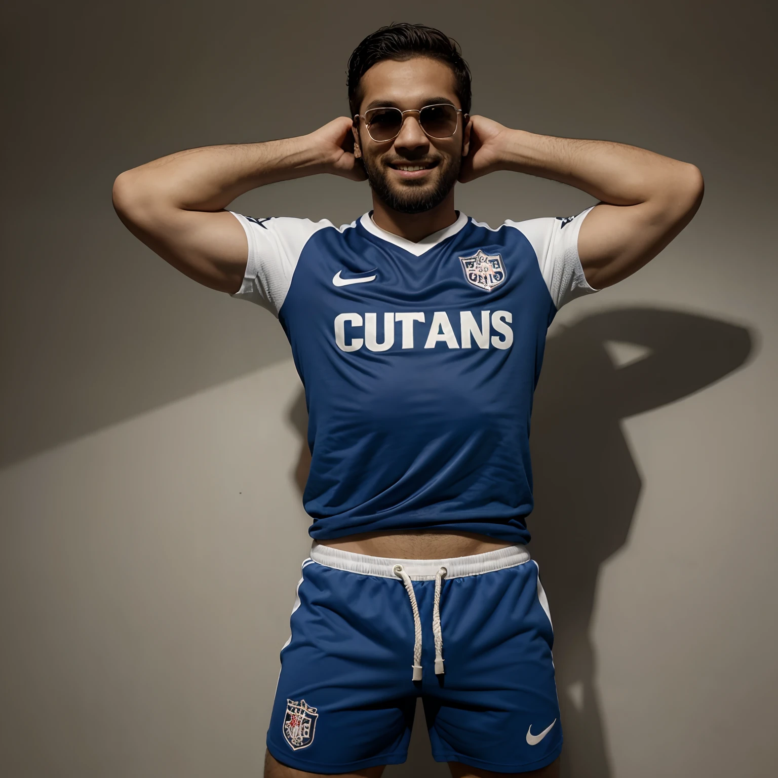 Diego, Desenhos animados em camisa de futebol do Corinthians e shorts, arms crossed, olhando para frente e sorrindo com os dentes aparecendo, loiro, barba escura e usando barba Rayban;