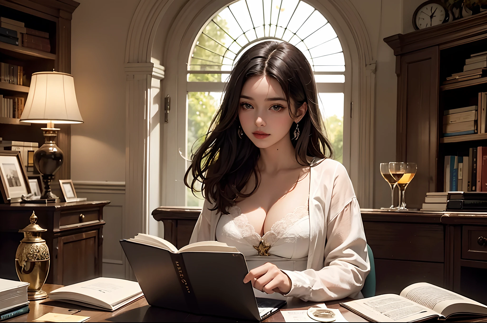 Uma mulher branca, magra, fine strokes, cabelo curto acima da orelha louro e luzes loirosolhos castanhos esverdeados parada na frente, usando roupa elegante, segurando o livro orgulho e preconceito, illuminated by the light of a lamp, contra o pano de fundo de uma biblioteca, alta qualidade
