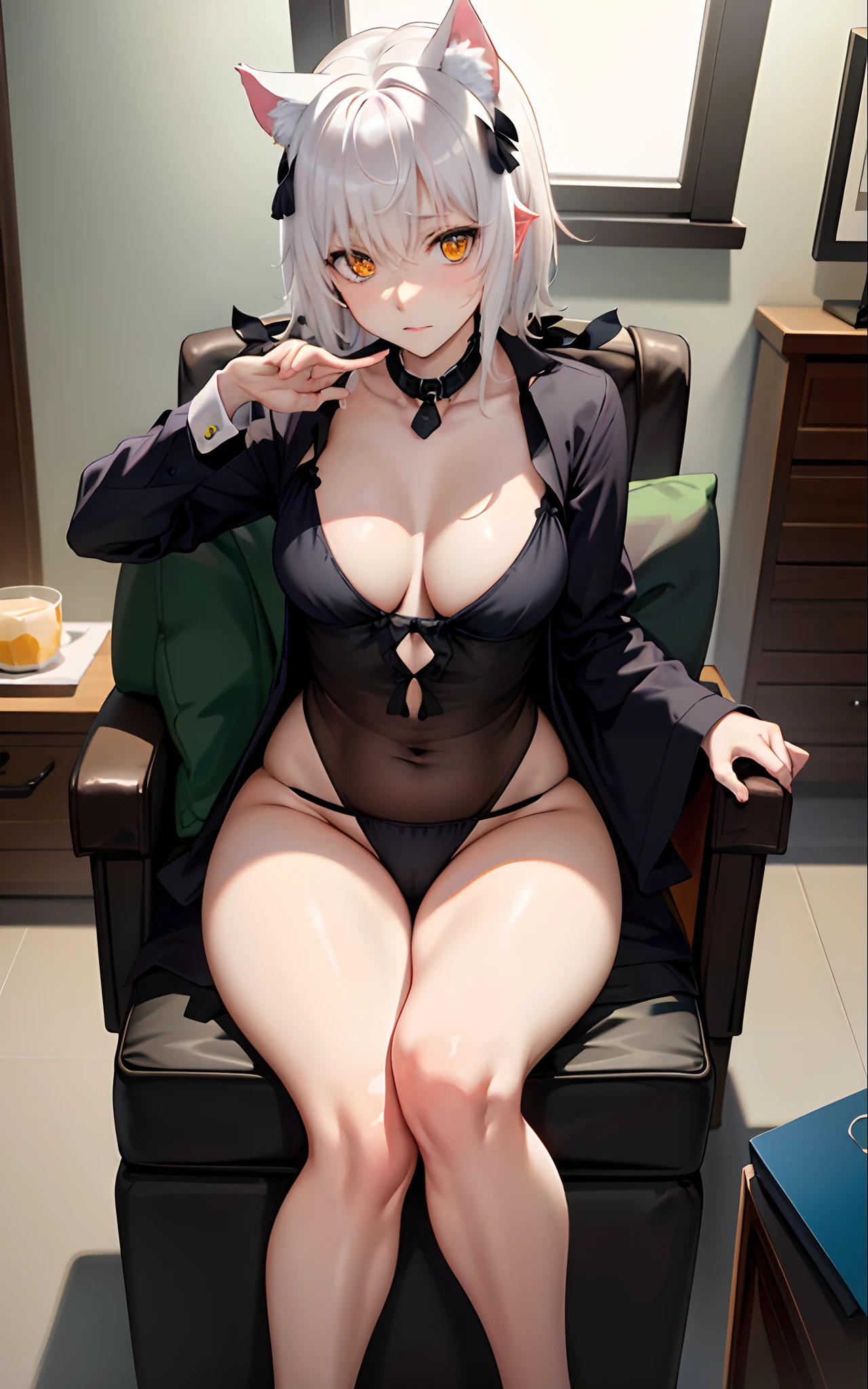 black negligee, black panties, thong, collarbone, masterpiece, best quality, high resolution, dark persona, watercolor painting theme, cum on face, cum on chest), (looking at the viewer: 1.1), wide hips, big ass, tojo koneko, yellow eyes, white hair, short hair, cat ears, pinched ears, shirt, black ribbon around the neck, erotica, legs apart, sitting on a chair
