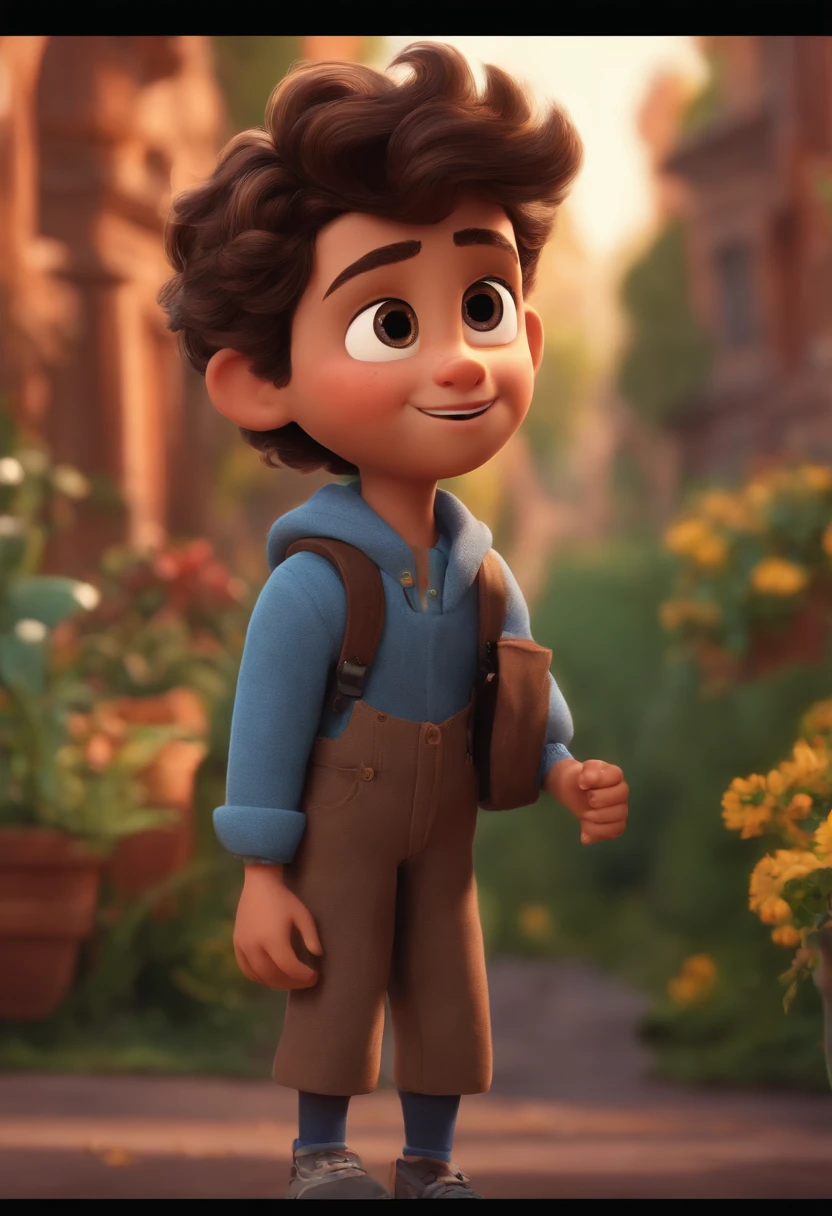 Image of a boy for a story in a YouTube video in Pixar format, He's the little allabester, He's the class leader, He's outgoing, Playful and gets up for a lot of things, cabelo curto