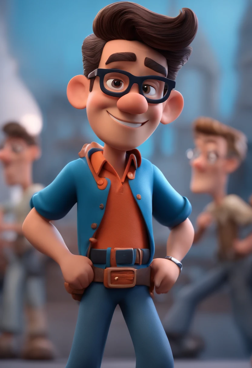 Cartoon character of a man with black glasses and a blue shirt, animation character, Caractere estilizado, animation style rendering, 3D estilizado, Arnold Maya render, 3 d render stylized, toon render keyshot, Personagem 3D, Personagem 3D, 3d rendering stylized, 3 d character render, personagem de desenho animado, Personagem de close up, Pose de personagem, (Estilo Pixar) (master part:1.2) (Bokeh) (best quality) (pele detalhada) (textura detalhada) (8k) (argila) (Cinematic lighting) (foco nítido