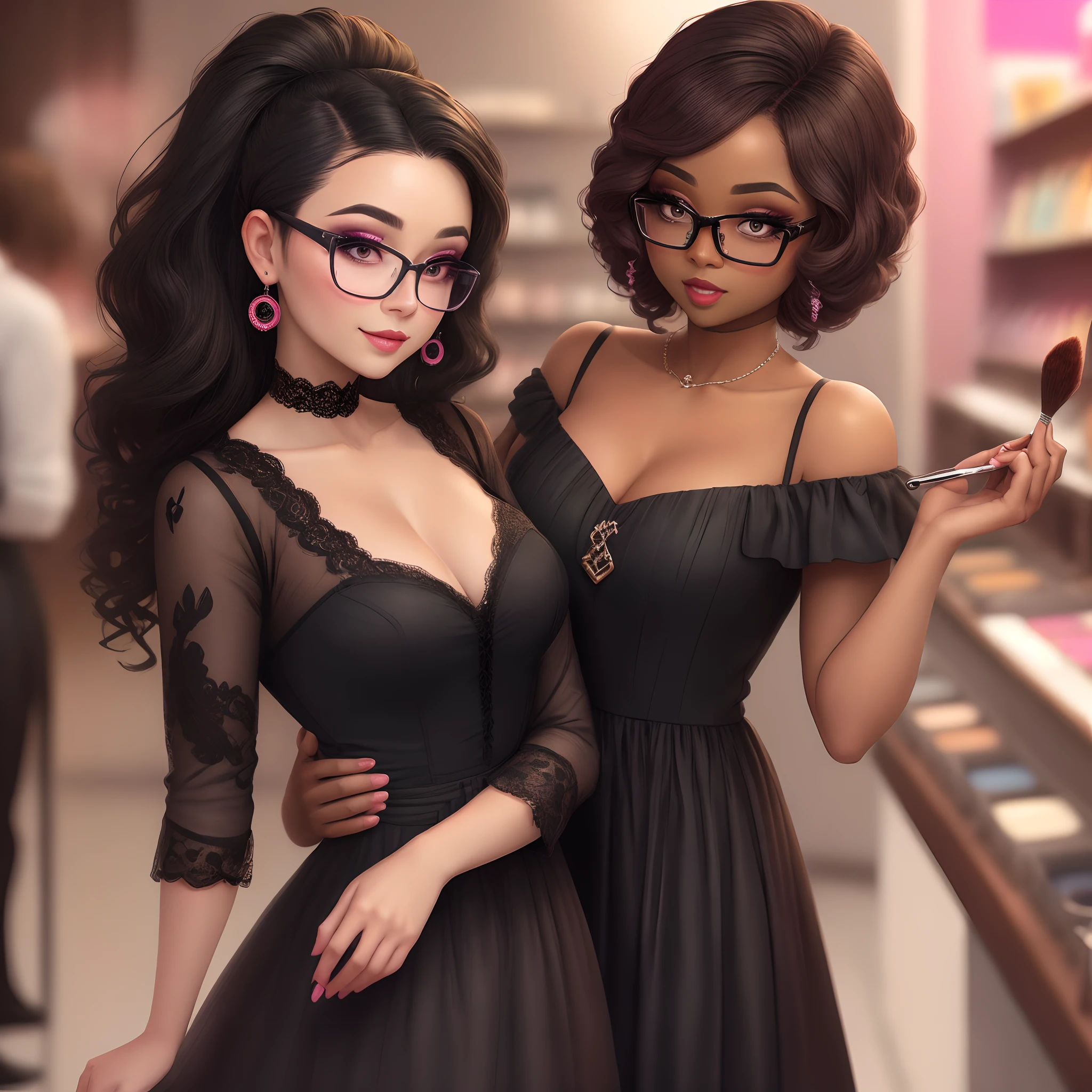 A lady in glasses making the eyeshadow of a black girl in pink dress