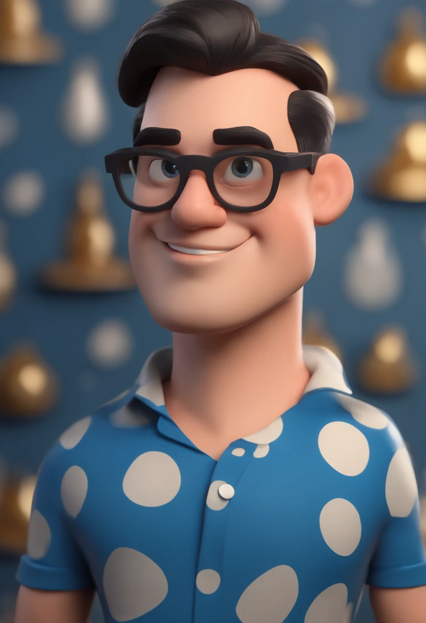 Cartoon character of a man wearing black glasses and a blue shirt, um personagem animado, Caractere estilizado, animation style rendering, 3D estilizado, Arnold Maya render, 3 d render stylized, toon render keyshot, Personagem 3D, Personagem 3D, 3d rendering stylized, 3 d character render, personagem de desenho animado, Personagem de close up, Pose de personagem, (Estilo Pixar) (master part:1.2) (Bokeh) (best quality) (pele detalhada) (textura detalhada) (8k) (argila) (Cinematic lighting) (foco nítido，Senta e vaza a parte superior do corpo