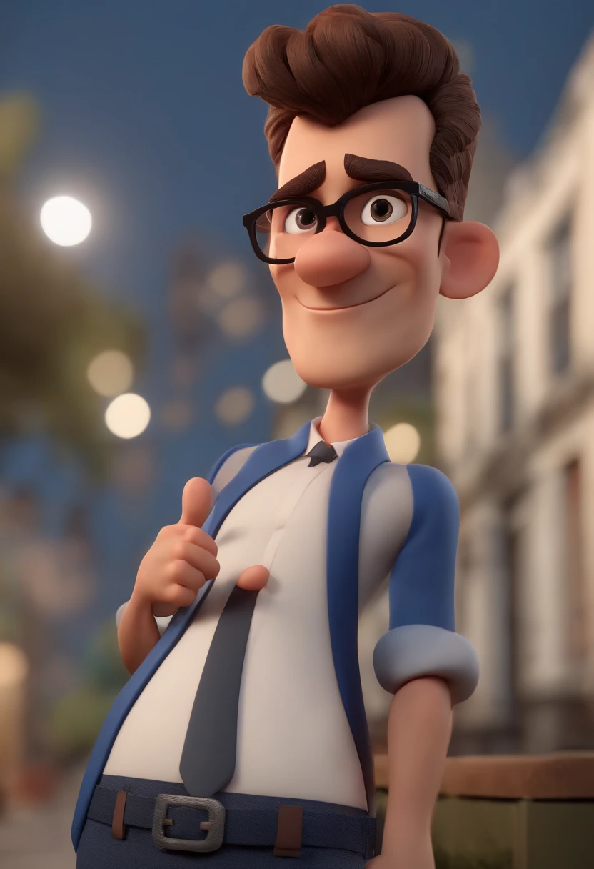 Cartoon character of a man wearing black glasses and a blue shirt, um personagem animado, Caractere estilizado, animation style rendering, 3D estilizado, Arnold Maya render, 3 d render stylized, toon render keyshot, Personagem 3D, Personagem 3D, 3d rendering stylized, 3 d character render, personagem de desenho animado, Personagem de close up, Pose de personagem, (Estilo Pixar) (master part:1.2) (Bokeh) (best quality) (pele detalhada) (textura detalhada) (8k) (argila) (Cinematic lighting) (foco nítido，Senta e vaza a parte superior do corpo