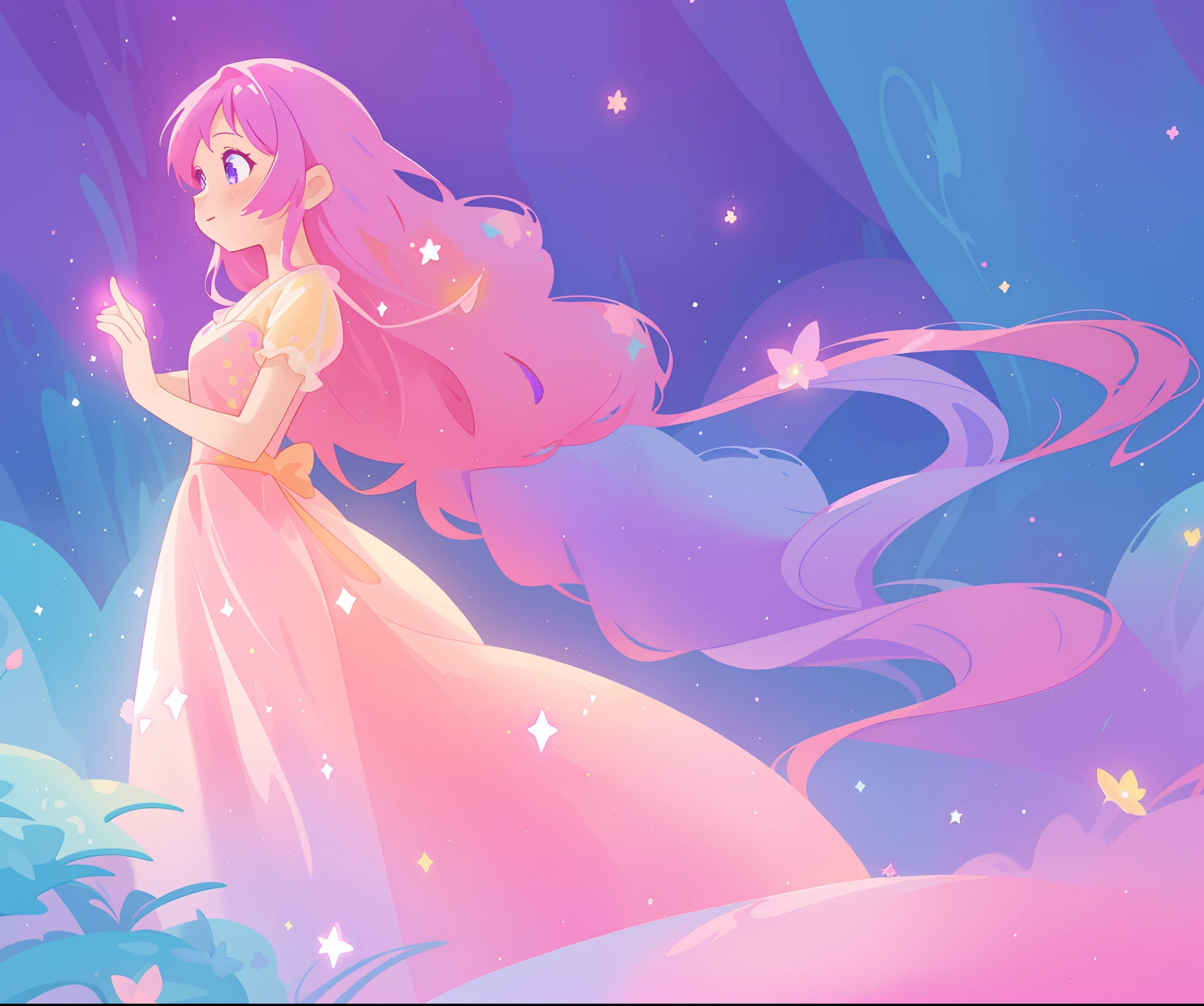 beautiful girl in colorful sparkling flowing ballgown, long flowing purple pink hair, colorful sparkling lights, flowing liquid theme, colorful fantasia background, watercolor illustration, disney art style, glowing aura around her, glowing lights, beautiful digital illustration, fantasia otherworldly landscape plants flowers, beautiful, masterpiece, best quality, anime disney style