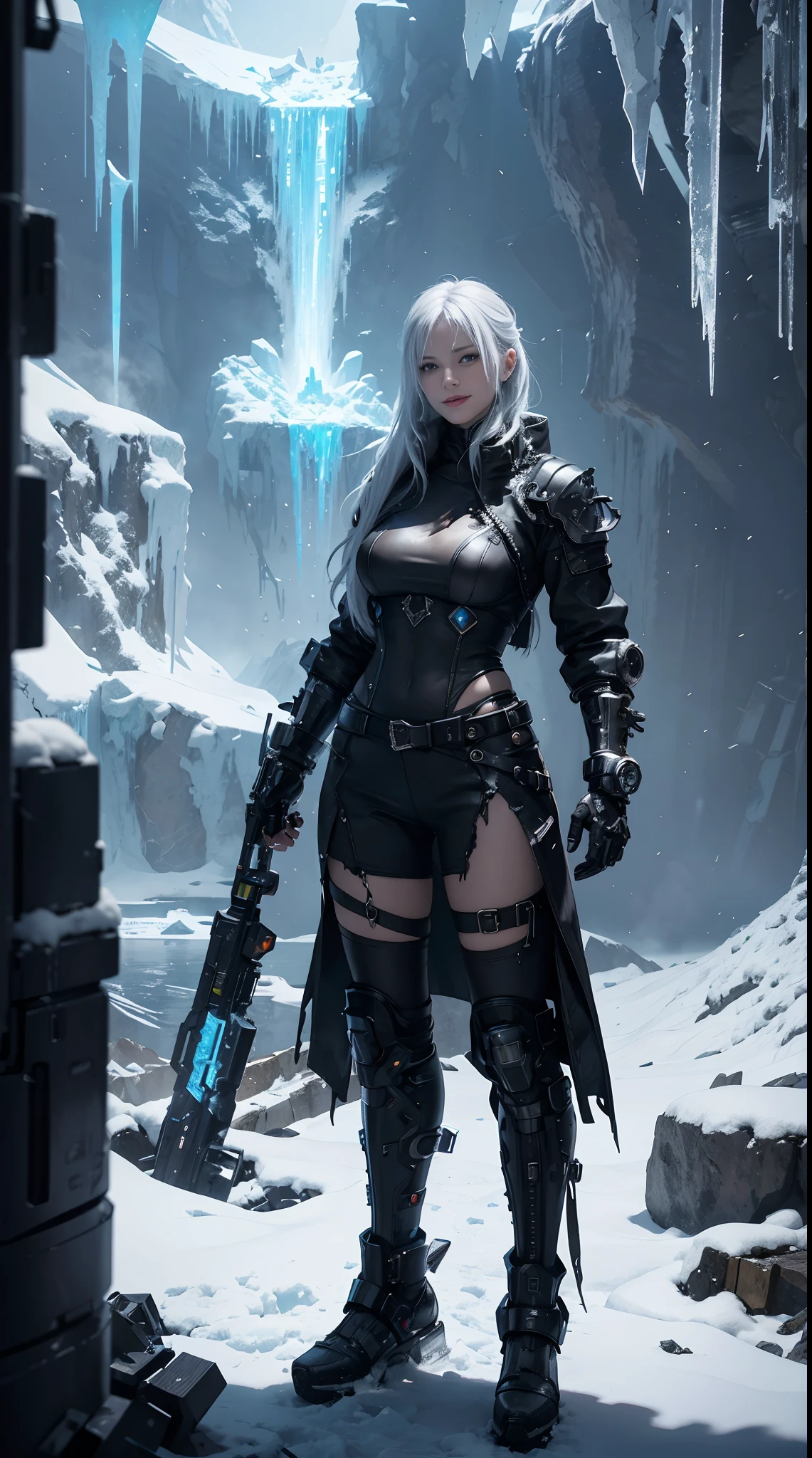 Cyberpunk, mechanical, broken, there is a picture of a very large iceberg, cyberpunk, mechanical, broken, with a lot of snow, dungeon background, icicle background, arena background, game background, dark dark cave background,a female warrior laying,((smile:1))