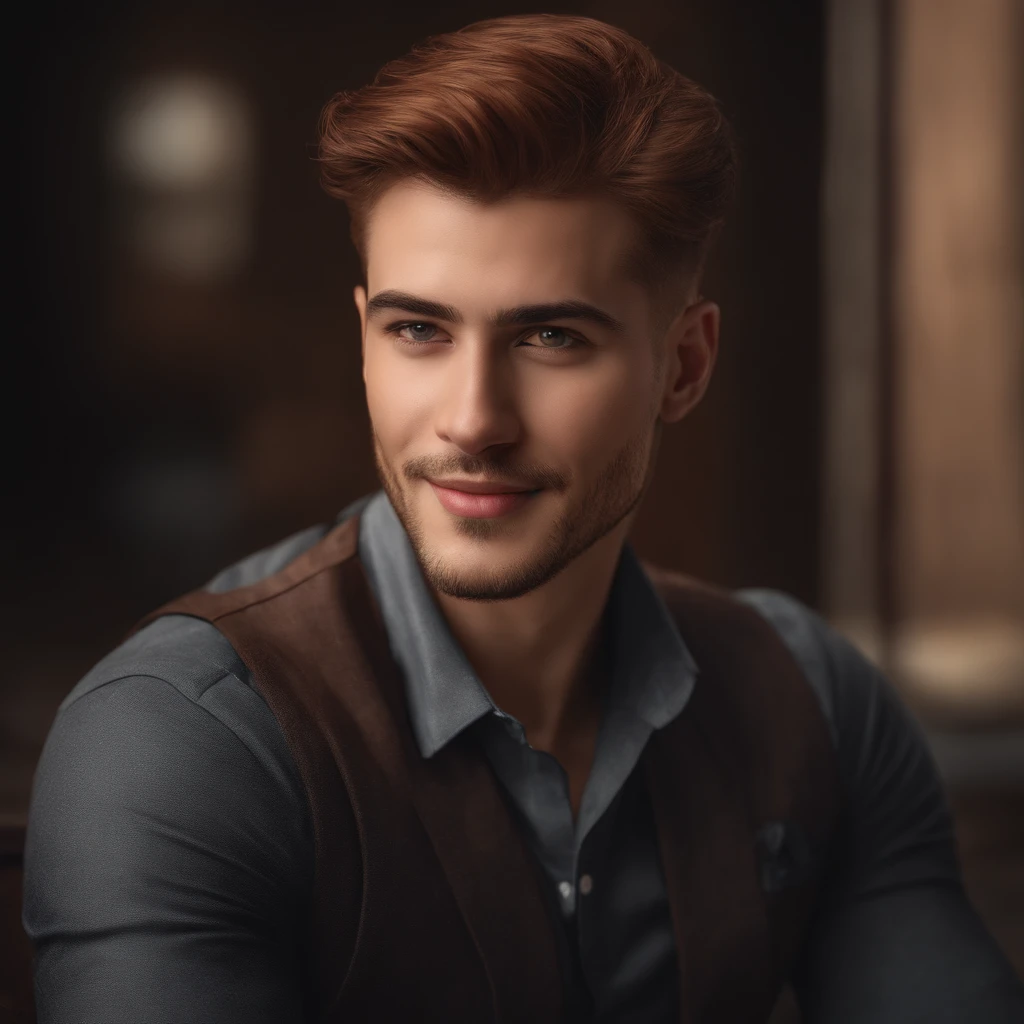 a handsome young man with a smile, having vermelho hair and olho castanho, in the first grade, with Reinhard vibes

[portrait], [sharp focus], [physically-based rendering], [vivid colors], [realistic:1.37], [HDR], [ultra-detailed], [professional], [bokeh], [studio lighting], [extreme detail description], [highres], [best quality,4k], [masterpiece:1.2]