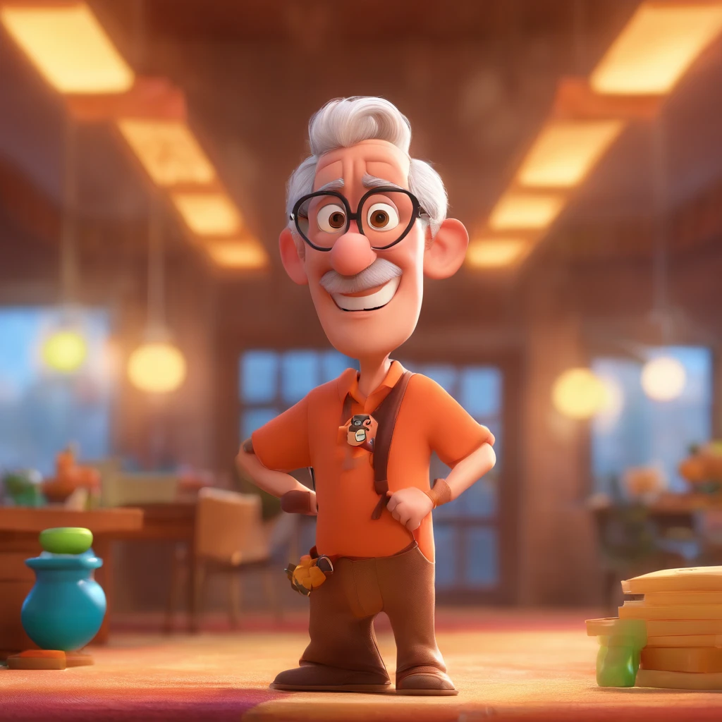 Crie um cartaz inspirado na Disney Pixar com o personagem sendo o deputado Keniston Braga, A white-haired man wearing glasses, the scene will be in Pixar's distinctive digital art style. Focus on character expressions, Vibrant colors and detailed textures present your animations, with the title " Keniston Braga no meio, Quero a cena dos principais filmes do PIXar