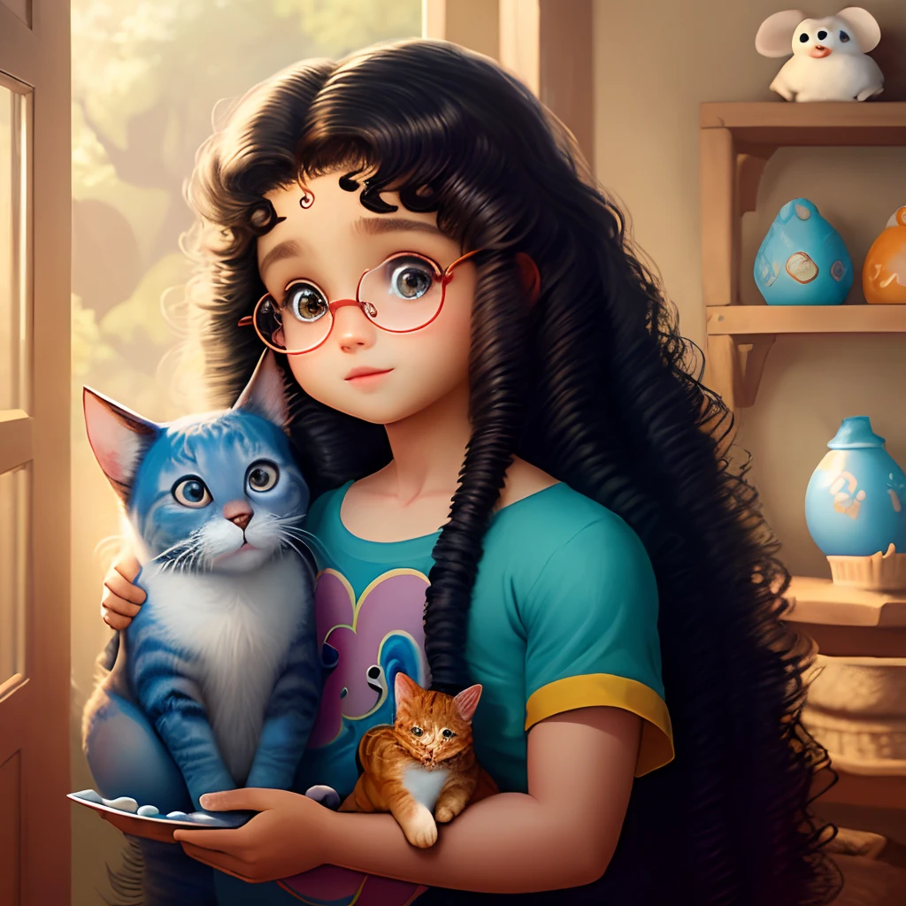  with long curly hair, disney pixar, olhos castanhos e oculos com gato, coelho e porquinho da india.