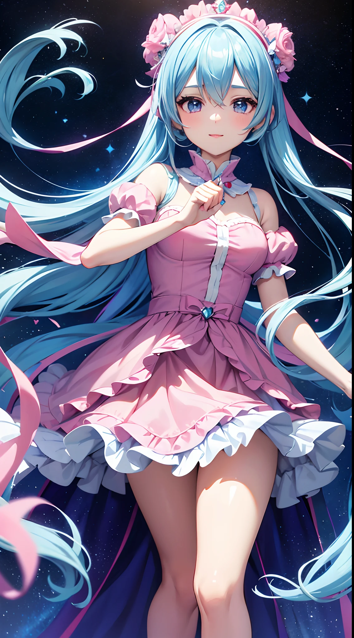 Evening time, masterpiece, best quality, full body, 1girl, bangs, blush, breasts, collarbones, ear piercings, eyebrows visible through hair, (gradient green hair), smirk, gyaru, jewelry, kogal, long hair, looking at the viewer, piercings, (underwear), pink eyes, ring, smile, solo, balcony, sky, cherry blossoms, petals, illustration, fashionable, woman, bright, posing, frontal, colorful, dynamic, background, elements, confident, expression,  Retention, Statement, Accessory, Majestic, Rolled, Around, Touch, Scene, Bold, Eye-catching, Stylish, Catchy, Bigger, Vibrant, Modern, Fashionable, Focus, Fashion