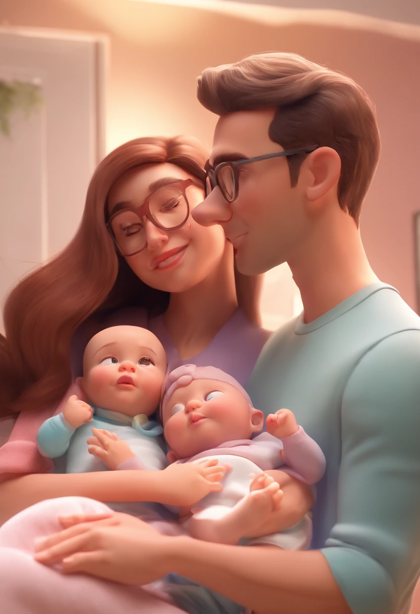 Young couple with photo after childbirth with baby girl, Mom lying down with glasses Dad without glasses Focus on your cinematic touch, Estilo Disney Pixar Animations