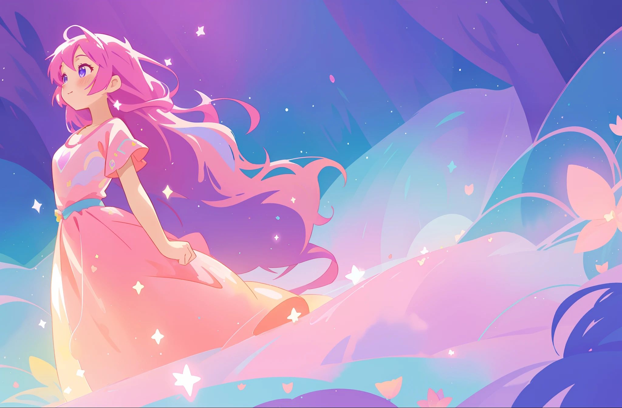 beautiful girl in colorful sparkling flowing ballgown, long flowing purple pink hair, colorful sparkling lights, flowing liquid theme, colorful fantasia background, watercolor illustration, disney art style, glowing aura around her, glowing lights, beautiful digital illustration, fantasia otherworldly landscape plants flowers, beautiful, masterpiece, best quality, anime disney style