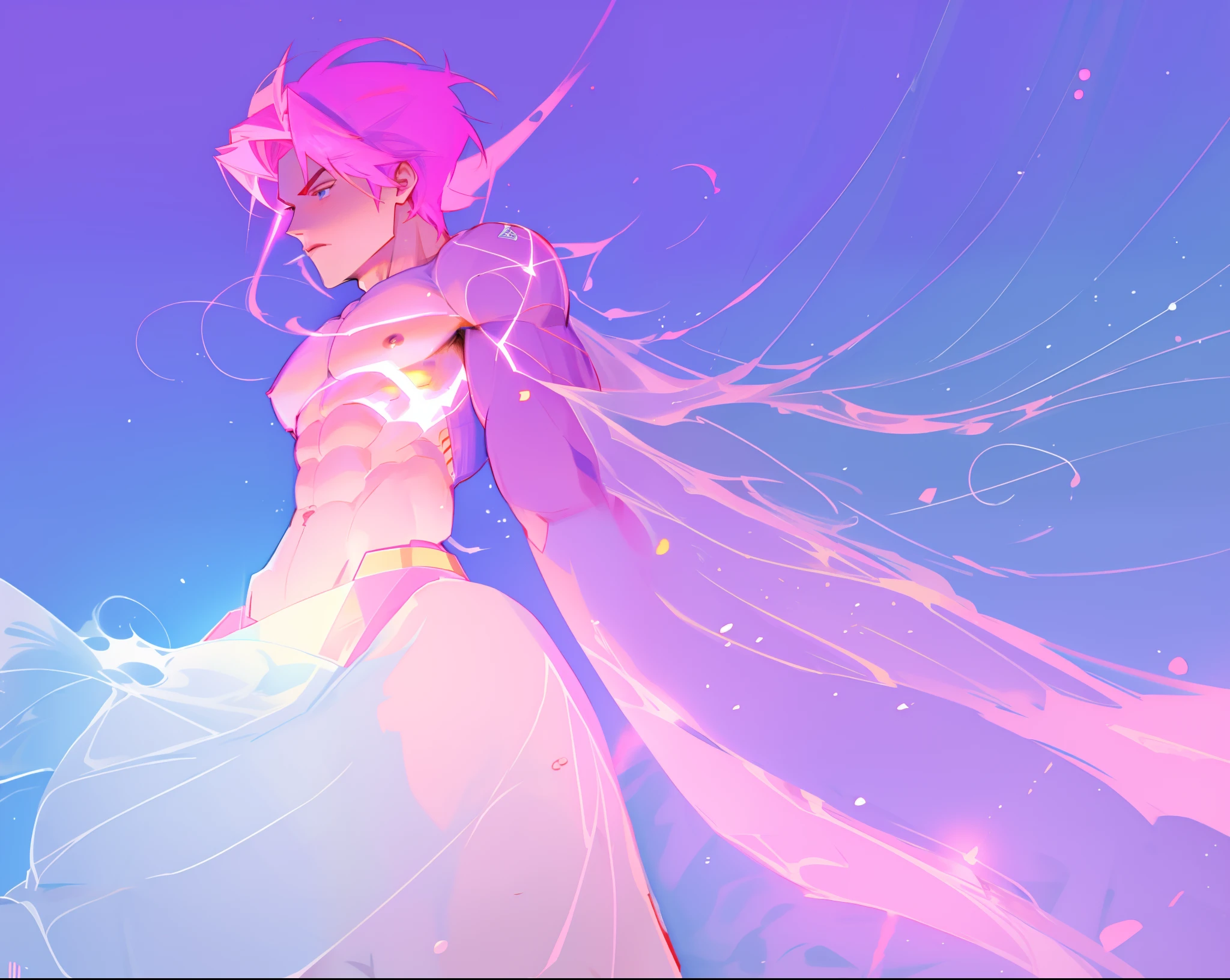 hot strong man with great physique. shirtless, he has pink powers and pink glowing tattoes all over the body]