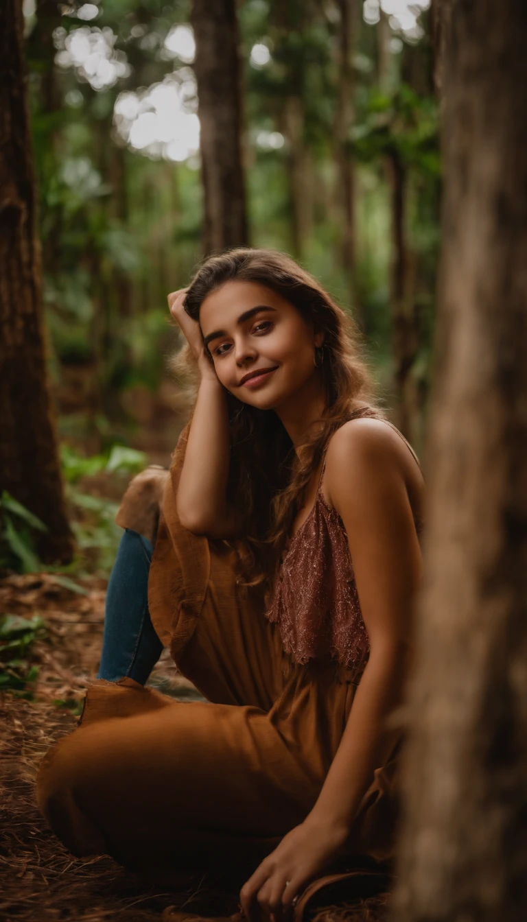 Jovem de 15 anos em um acampamento fazendo poses no gramado da fazenda