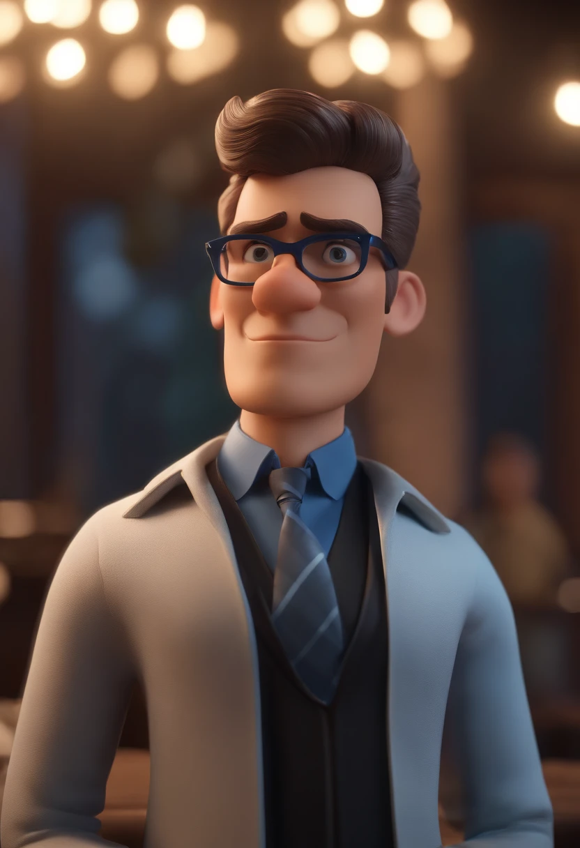 Cartoon character of a man wearing black glasses and a blue shirt, um personagem animado, Caractere estilizado, animation style rendering, 3D estilizado, Arnold Maya render, 3 d render stylized, toon render keyshot, Personagem 3D, Personagem 3D, 3d rendering stylized, 3 d character render, personagem de desenho animado, Personagem de close up, Pose de personagem, (Estilo Pixar) (master part:1.2) (Bokeh) (best quality) (pele detalhada) (textura detalhada) (8k) (argila) (Cinematic lighting) (foco nítido,Senta e vaza a parte superior do corpo
