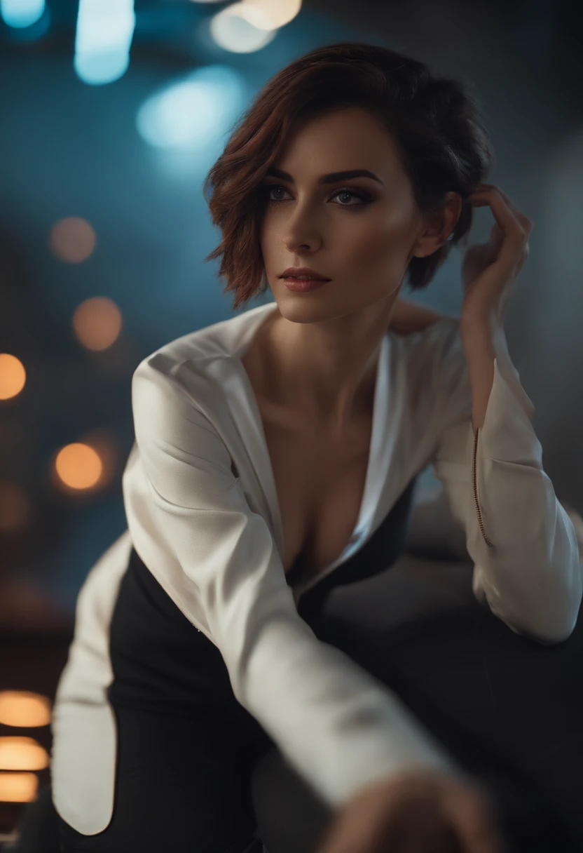(extremamente detalhado CG unidade 8k papel de parede), (ultra-detalhado), master part, best quality, Lucy (Cyberpunk), Bodysuit, sozinho, seios, CIDADE CYBERPUNK, cabelos multicoloridos, short hair, Olhando para o Viewer, medium breasts, Bodysuit preto, Olhos cinzentos, Vento do quadril, recorte de roupas, lacuna na coxa, umbigo coberto, white jacket, bareshoulders, short shorts, sofa,