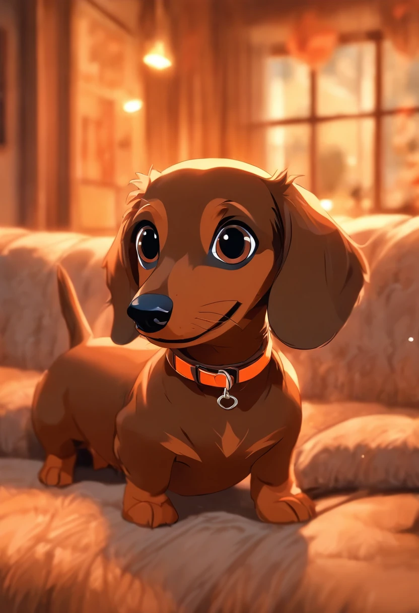 （the whole body is brown：1.8），Brown miniature dachshund，on a couch，Looking at the camera，（Face Bow：1.5），Looks like a lot of fun，biologically correct